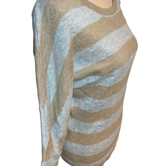Garnet Hill Womens Sweater Size Small Gold Silver Metallic Stripe Cashmere Blend - Picture 4 of 7